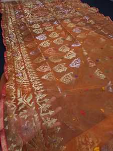 Tendance Orange Deshi Dhakai Jamdani Orange Sharee Qualité d'exportation pour les femmes JAMDANI TISSU Bleu ROUGE VERT Doré du Bangladesh - Product Image 5