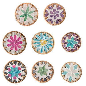 <b>Round</b> Ceramic Coaster with colorful Glass Glaze and White <b>Rattan</b> Frame Tea Cup <b>Table</b> Snack Mats Pads for Drinks - Product Image 2