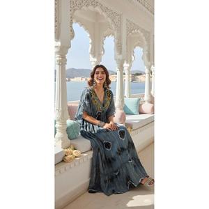 Vestido Largo Estampado Azul para Mujer, Estilo Kaftan con Cuello en V, Vestido Largo Bohemio Étnico para Verano y Vacaciones - Product Image 4