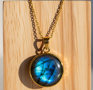 Chaîne en argent sterling 925 fabriquée à la main pendentif de forme ronde en or 18 carats cadeau de pierres de cristal de guérison en Labradorite naturelle bohème - Product Image 6