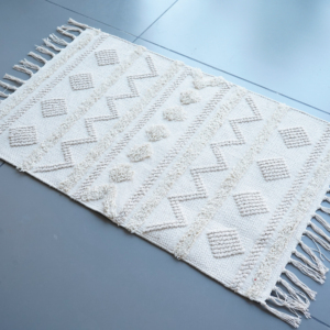 Handmade <b>Boho</b> Moroccan White Cotton <b>Rug</b> Loop Pile Design with Geometric Pattern for Minimalist Home Decor - Product Image 1