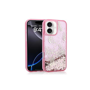 Coque de protection antichoc de luxe rose transparente avec imprimé papillon et paillettes liquides en silicone pour iPhone 16 – Design stylé INS - Product Image 1