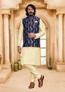 Mens Heavy Look Kurta Pyjama Set With Stylish Koti In Silk Kurti For Festive And Wedding Wear - Product Image 5