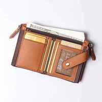 Dompet kulit asli model Vintage untuk pria, dompet kulit asli, dompet rantai kulit asli, penyimpan kartu penghalang RFID, dengan tombol ritsleting, pendek, untuk pria