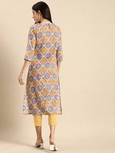 Mujeres étnicas amarillas motivos étnicos impreso puro algodón Kurta con pantalones indio pakistaní salwaar kameez traje - Product Image 4