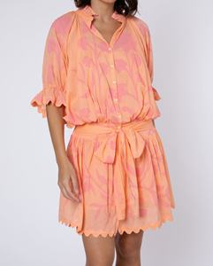 Cotton Pink Blouson Dress Ladies Bohemian V-neck <b>Half</b> Sleeve Eye-Catching Midi Length T-Shirt Loose Waist Woven Pattern <b>Slip</b> - Product Image 3