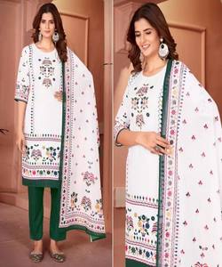 FESTIVAL WEAR <b>MUSLIN</b> PRINT WITH WORK AND SEQUENCE WORK TOP BOTTOM WITH DUPATTA GREEN WHITE COLOR WHOLESALE PRICE ETHNIC GARMENT - Product Image 1