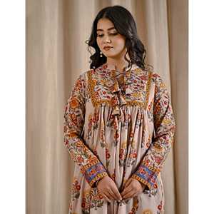 Vestido Corto Casual Elegante de Algodón Beige Amarillo Estampado con Borlas Delanteras, Transpirable, ODM, para el Día, Fiestas y Club - Product Image 1