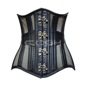 Corset lombaire en cuir noir robuste à double armature avec empiècements en maille et fermeture à boucle frontale |   Achetez maintenant - Product Image 1