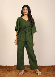 Ensemble deux pièces style kaftan en lin vert olive, haut à nouer devant et pantalon large, 100% coton, tenue de villégiature, ensemble coordonné, pantalon kaftan - Product Image 2