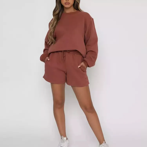 Conjunto de Sudadera con capucha y pantalones cortos para mujer de punto informal sólido de invierno de alta calidad perfecto cuello redondo - Product Image 2