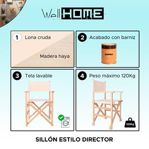 Sedia da Regista WELL HOME in Legno di Faggio con Finitura Verniciata e Tela Grezza, Sedia da Giardino 51x46x86 cm - Product Image 2