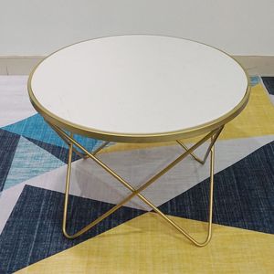 Modern Tempered Glass <b>Sofa</b> <b>Table</b> with 4 V-Shaped Legs in Gold Finish and White Marble Top - Product Image 6