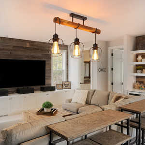 โคมไฟเพดานไม้สไตล์วินเทจ 3 หลอด สำหรับห้องนั่งเล่น ขั้วหลอด E27 ปรับความสูงได้ โคมไฟสปอตไลท์โลหะสีดำ ติดตั้งแบบแขวน - Product Image 3