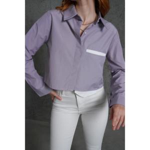 เสื้อเชิ้ตแขนยาวลายทางสีม่วงสำหรับผู้หญิง ยี่ห้อ Lustrin ผลิตจากผ้าฝ้ายผสมโพลีเอสเตอร์ มีกระเป๋า เหมาะสำหรับธุรกิจขายส่ง - Product Image 6