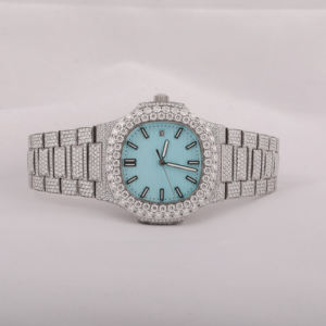 Reloj de pulsera de diamantes Moissinatie para mujer con esfera azul numérica, reloj de diseño loco de mano personalizado de lujo, reloj completamente helado - Product Image 1