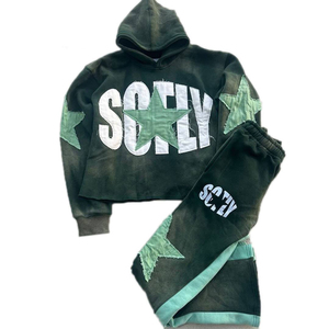 Ensemble de survêtement streetwear pour homme de haute qualité, comprenant un sweat à capuche oversize et un pantalon de survêtement évasé, avec broderie personnalisée effet vieilli et délavage acide vintage. - Product Image 2