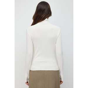 T-shirt à col montant en tricot côtelé pour femme, détail sur les doigts, coupe ajustée, longueur courte, respirant, en élasthanne, style décontracté sexy, taille XS - Product Image 5