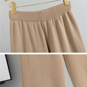 ชุดเสื้อถัก2ชิ้นแบบกระดุมแถวเดียวสำหรับผู้หญิงชุดเสื้อสเวตเตอร์แบบถักพร้อมเข็มขัดกางเกงขากว้าง - Product Image 4