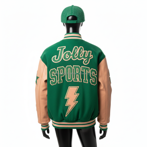 Chaqueta Universitaria Premium para Mujer, Mezcla de Lana de 320 GSM, Cuerpo Verde, Paneles en las Mangas con Logotipo de Chenilla Personalizado, Chaquetas Universitarias para Mujer - Product Image 2