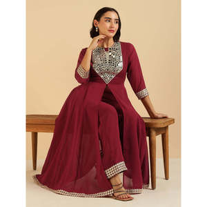 Conjunto de Túnica Bordada de Georgette Color Granate y Pantalones Palazzo para Mujer, Manga Tres Cuartos, Tela de Chifón, Elegante - Product Image 1