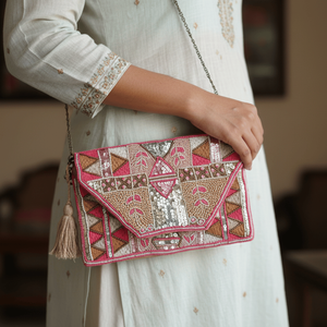 Bolso de Mano Geométrico Bohemio de Lujo Rivara para Mujer, con Cuentas Hechas a Mano, Forro de Seda, Bordado, Pedrería, Cadena de Perlas y Lazo de Piel - Product Image 1