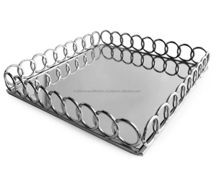 Exhibición de bandejas de servicio de metal superventas y proveedores para hoteles y restaurantes bandeja de servicio redonda con base de espejo - Product Image 4