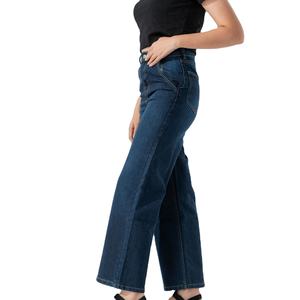 Jean en denim bleu foncé à jambe large pour femme, taille mi-haute, coupe droite, en coton, coupe régulière, imperméable, écologique, longueur complète - Product Image 5
