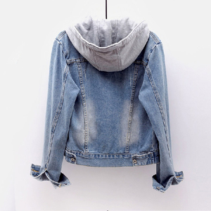 Vente en gros Femme Denim Bleu Veste avec Capuche Manches Longues 2 Poches Avant Logo Personnalisé Couleurs Jeans Tissés en Traitement Brut - Product Image 2