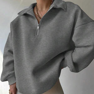 Sudadera gris de gran tamaño con media cremallera y logotipo personalizado, Jersey polar de algodón con cuello alto unisex, ropa informal sólida holgada con hombros caídos - Product Image 1