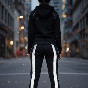 Ensemble de survêtement en velours noir pour femme, sweat-shirt en coton lourd, pantalon de jogging, streetwear au-dessus du genou, coupe ajustée - Product Image 2