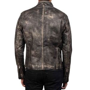 Chaqueta de cuero desgastado negro iónico para hombres y prendas de vestir exteriores de cuero de piel de oveja real con cierre de cremallera cuello de banda y bolsillos - Product Image 2