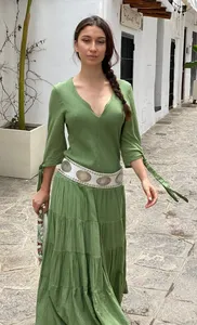 100% algodón verano cuello en V señoras Maxi vestido 3/4 manga hasta el tobillo escalonado suelto Casual sólido teñido Maxi vestido para mujer - Product Image 5