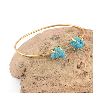 Conjunto de brazalete de doble piedra, pulsera de oro plateado, brazalete abierto, ajustable, azul cielo, turquesa, Natural, último diseño - Product Image 3