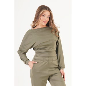 Blusa caqui LUSTRIN para mujer, de tela fina, con manga murciélago y cuello en V - Top informal elegante de ajuste holgado para venta al por mayor - Product Image 1