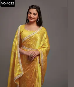 最新のデザイナーインドとパキスタンスタイルのシルクサリー刺繍作業レースボーダー女性用インド卸売価格服
