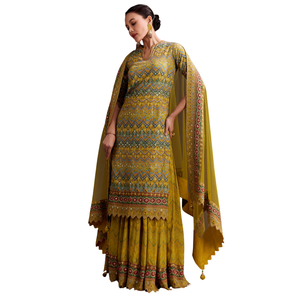 Traje Palazzo bordado amarillo, venta al por mayor de Ropa Étnica para mujer, proveedor de fábrica de ropa OEM, traje personalizado para fiesta de boda - Product Image 2