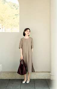 Vestido Midi informal para mujer, túnica de lino puro estilo bohemio, camisa tejida a mano con cintura Natural, Cambio Suelto, teñido liso - Product Image 3