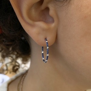 Luxe 14k blanc véritable or pavé ensemble à l'envers rond brillant coupe saphir et diamant fête grand cerceau Style boucles d'oreilles pour les femmes - Product Image 3