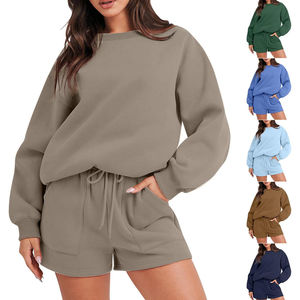 Conjuntos de sudadera de talla grande cuello redondo 100% algodón sudadera pantalones cortos conjunto en blanco personalizado mujeres chándal conjunto con logotipo - Product Image 6