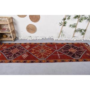 2.9x10.3 ft Turkish Rug, Vintage <b>Runner</b> Rug, <b>Red</b> Brown Floral Wool Rug - Product Image 3