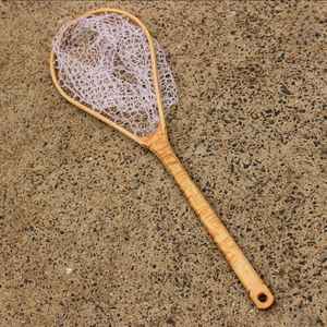 Épuisette de pêche à la mouche d'extérieur avec cadre en bois et filet en caoutchouc, outil de capture de truites à lancer à la main - Product Image 6