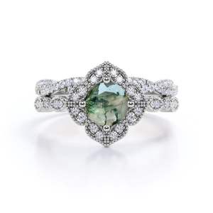 Anillo de Boda para Mujer de Plata de Ley 925 Chapado en Oro de 14k con Ágata Musgosa y Circonita Cúbica, Doble Banda Elegante para Fiestas y Regalos - Product Image 6