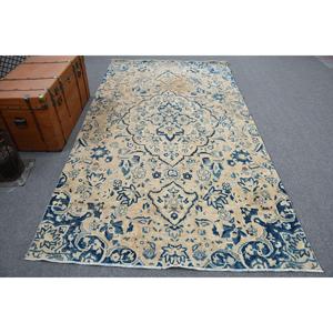 พรมวินเทจ 5.3x9.7 ฟุต สีน้ำเงินขาว ลายอิคัต ทำจากขนสัตว์ ผลิตในตุรกี - Product Image 1