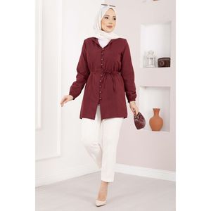 Camisa Borgoña con Cordones para Mujer, Detalle Acanalado, Cuello con Volantes, Estilo Chic Coreano para Primavera, Verano y Otoño, Talla XL - Product Image 1