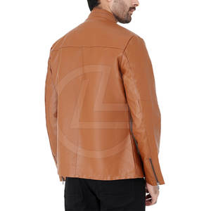 High Quality Sheep Skin Leather Trucker <b>Jacket</b> for <b>Men</b> with Zipper Front and Stand Collar <b>Canvas</b> Fabric - Product Image 6