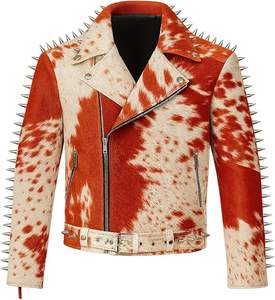 Chaqueta de Motociclista de Cuero Vacuno con Tachuelas Unisex, Chaqueta de Motociclista de Cuero Auténtico con Mangas con Tachuelas y Cremallera Asimétrica para Hombre - Product Image 3