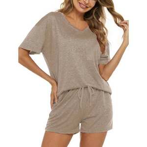 Ensemble deux pièces pour femme en coton 100% - Haut à manches courtes et short d'été - Col montant - Coupe régulière - Uni - Haute qualité - Respirant - Streetwear - Product Image 1