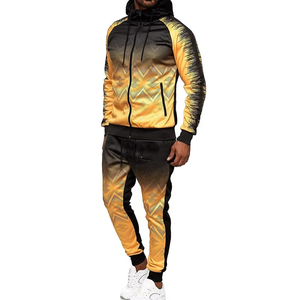 Conjunto de chándal negro y amarillo degradado para hombre, chaqueta con capucha con estampado geométrico y pantalones para correr, ropa deportiva personalizada de dos piezas OEM a granel - Product Image 3