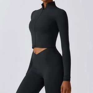 Hauts et shorts de gymnastique à manches longues pour femmes ensemble haut de sport à fermeture éclair pour Fitness course Yoga-collants d'entraînement grande taille chemises de Yoga - Product Image 5